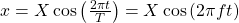 x=X\cos\left(\frac{2\pi{t}}{T}\right)=X\cos\left(2\pi{ft}\right)\\