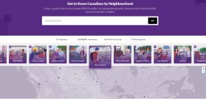 A screenshot of the PRIZM website. At the top of the image is a text bar, prompting the user to input a postal code. The bottom two thirds of the image show the various demographic groups the site has developed and a map of Canada with purple dots highlighting all the areas the site has information for.