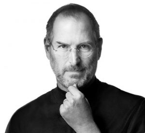 Black and white photograph of Steve Jobs