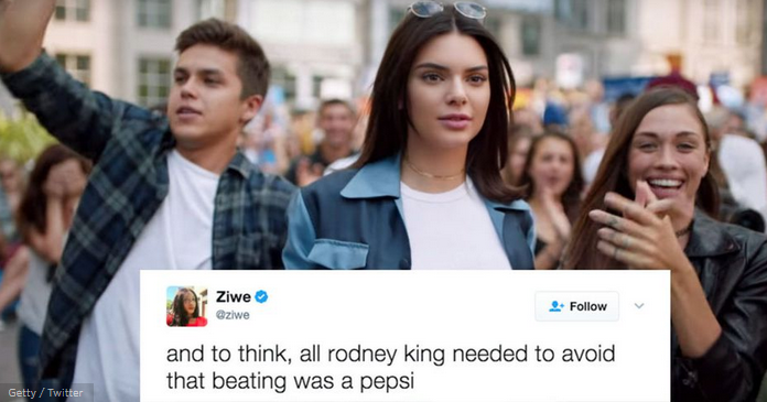 Kendall Jenner in a crowd with a Tweet underneath stating, "And to think, all rodney king need to avoid that beating was a pepsi"
