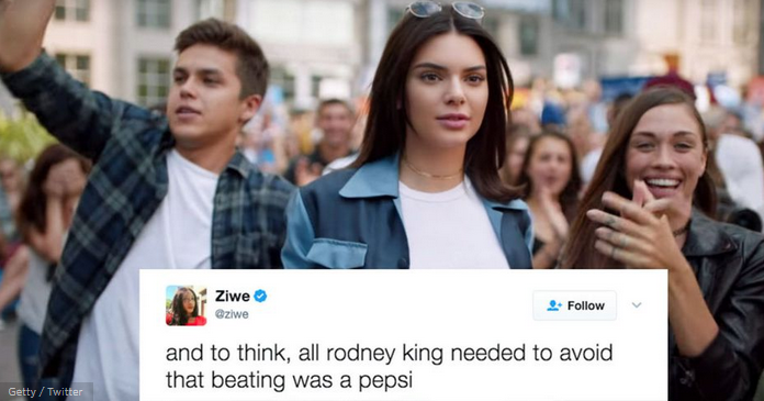 Kendall Jenner in a crowd with a Tweet underneath stating, &quot;And to think, all rodney king need to avoid that beating was a pepsi&quot;