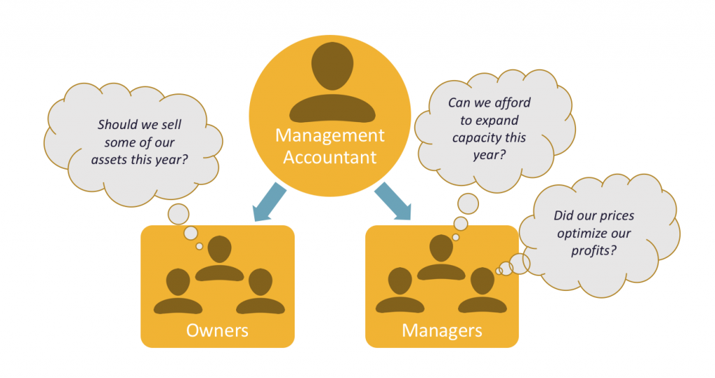 Graphic showing the Management Accountant at the center, with their relationships with the Owners and Managers Groups branching out from that. Speech bubbles show the owners considering “Should we sell some of our assets this year?” whereas the Managers are thinking “Can we afford to expand capacity this year?” and “Did our prices optimize our profits?”