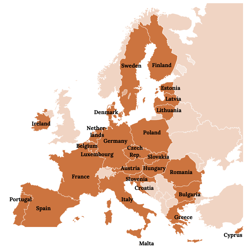 A map of Europe, with countries within the European Union highlighted in burnt orange. These countries include: Austria, Italy, Belgium, Latvia, Bulgaria, Lithuania, Croatia, Luxembourg, Cyprus, Malta, Czechia, Netherlands, Denmark, Poland, Estonia, Portugal, Finland, Romania, France, Slovakia, Germany, Slovenia, Greece, Spain, Hungary, Sweden, and Ireland.