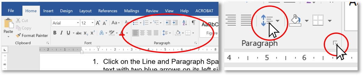 Screen shot of Microsoft Office Toolbar showing where line spacing can be found