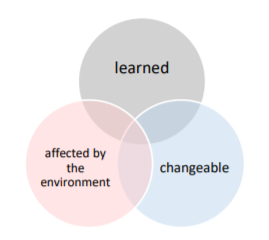 Bubble diagram with three bubbles intersecting. One bubble says 'learned,' one says 'chnangeable,' and one says 'affected by the environemnt.'