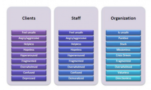 Diagram with three coloumns - client, staff and organisation and a list of their feelings