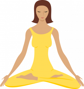 Cartoon of woman dressed in yellow meditating