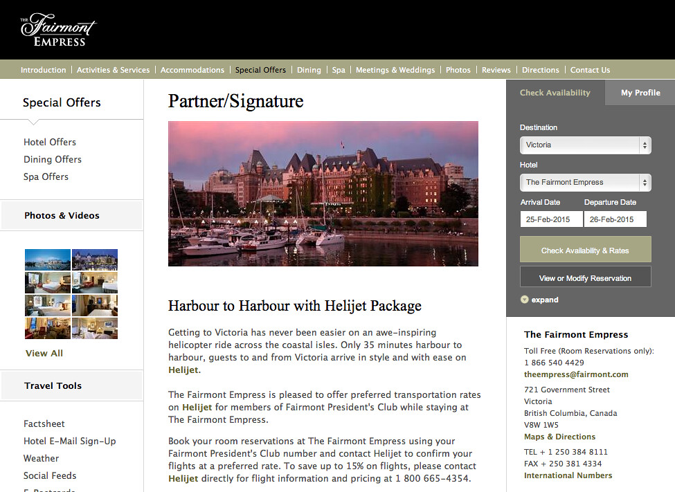 Hotel partner web page with the heading &quot;Harbour to Harbour with Helijet Package.&quot;