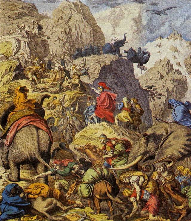 A painting of Hannibal crossing Alps with elephants