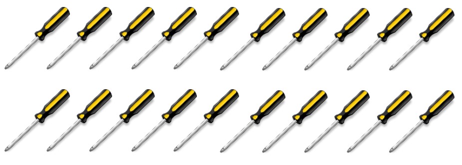20 screwdrivers in two lines. There are 10 screwdrivers in each line
