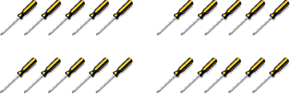 20 screwdrivers divided into groups of 5. There are 4 groups total