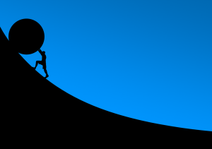 Drawing of a person pushing a huge round object up a steep slope.