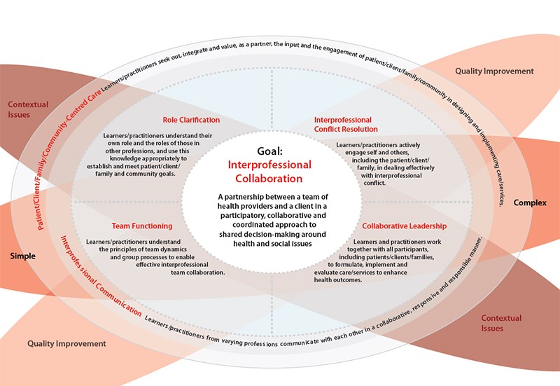 Image of the set of six competency domains that focus on the development and integration of attitudes, behaviours, values, and judgments necessary for collaborative practice. These domains are: Role clarification, Team functioning, Interprofessional communication, Patient/client/family/community-centred care, Interprofessional conflict resolution, and Collaborative leadership