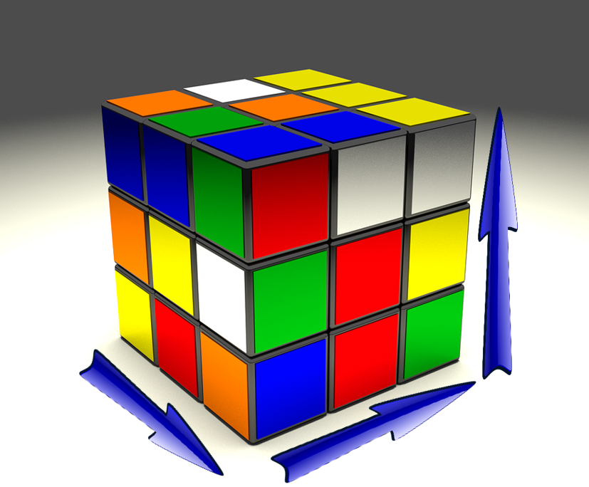A rubik's cube with arrows indicating the 3 dimensions.