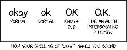Different spellings of the word okay can be interpreted in several ways depending on the reader.