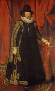 Painting depicts Sir Francis Bacon in a long cloak.