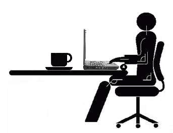 A stick figure sits at a desk with a laptop. Their back is straight and their arms are at 90 degrees over the keyboard.