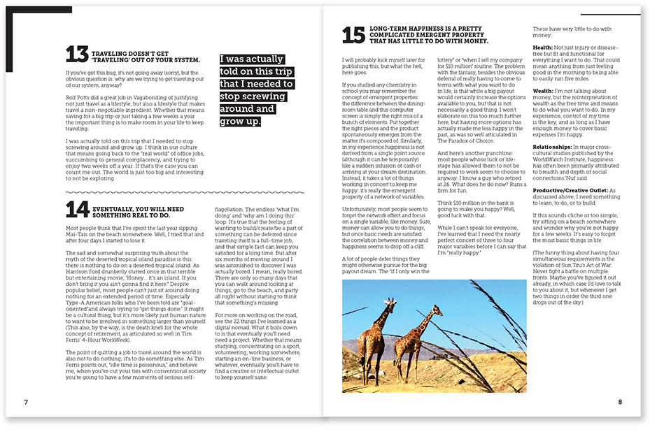 A sample layout from two pages of a magazine that uses a combination of headings, block quotes, pictures, and different numbers of columns.
