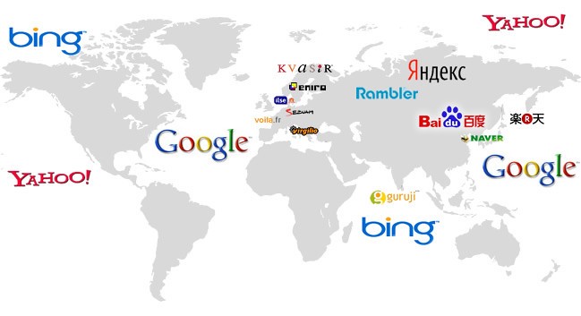 A world map with the names of popular search engines on it.
