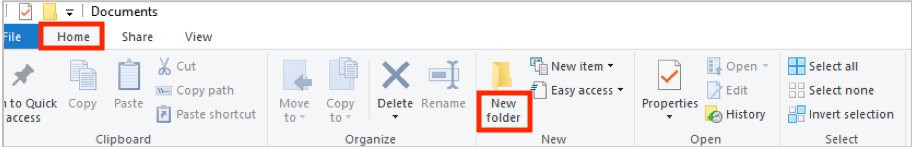 Go to "Home" in File Explorer, then select "New folder" to make a new folder.