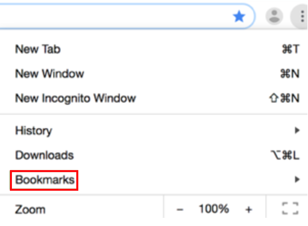 A Chrome dropdown menu that includes a link to Bookmarks.