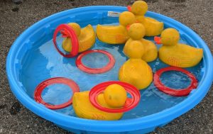 Yellow rubber ducks in a small blue kiddy pool.