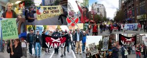 Collage of VANDU protesters carrying banners and signs advocating for drug users..