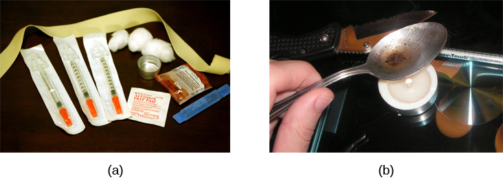 Photograph A shows various injection substance use equipment. The items include a tourniquet, three syringes of varying widths, three cotton-balls, a tiny cooking vessel, a condom, a capsule of sterile water, and an alcohol swab. Photograph B shows a hand holding a spoon containing heroin tar above a small candle.