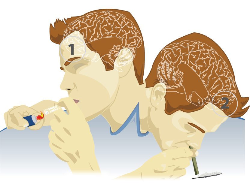 Illustration of a of a man first smoking a substance and then ingesting it through his nose..