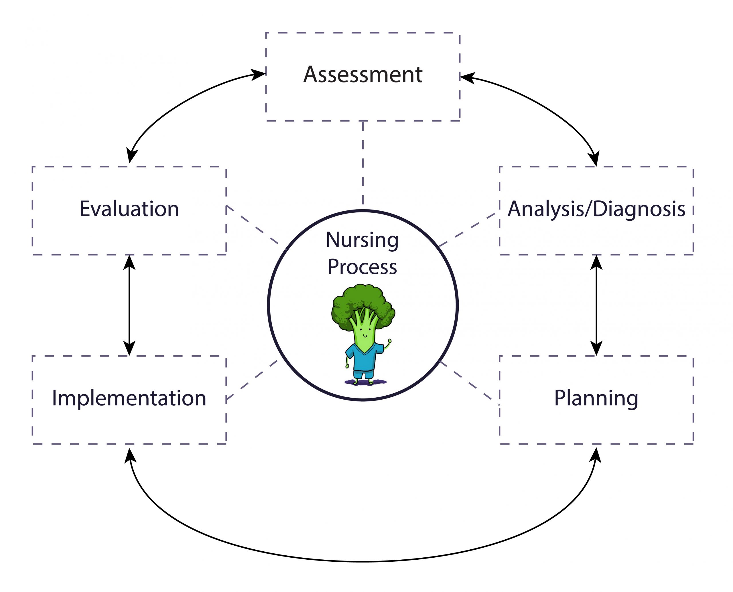 The nursing process, moving in a cycle that covers: analysis/diagnosis, planning, implementation, evaluation, and assessment