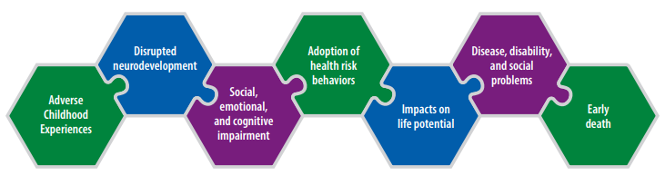 Adverse Childhood Experiences can cause disrupted neurodevelopment, social/emotional/cognitive impairment, unhealthy behaviours, decreased life potential, increased disease, disability and social problems, early deatho