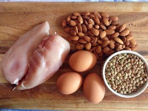 Protein: chicken breasts, eggs, almonds, lentils
