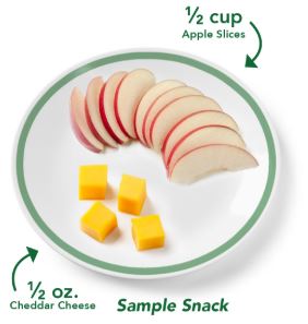 Sample Snack for Preschooler: 1/2 cup apple slices and 1/2 ounce cheddar cheese cubes