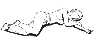 Recovery position: The mouth is downward so that fluid can drain from the child's airway; the chin is well up to keep the airway open. Arms and legs are locked to stabilize the position of the child.