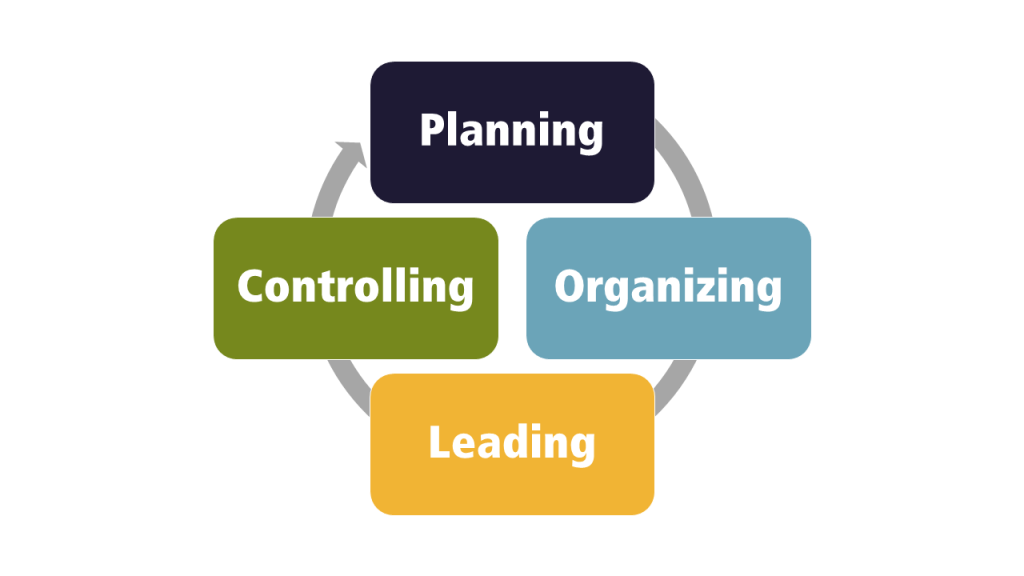 Circular management process: planning to organizing to leanding to controlling