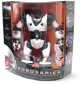 Robosapian for sale in a black box with a clear, curved front. The sides of the box are adorned with images and interesting facts about the robot.