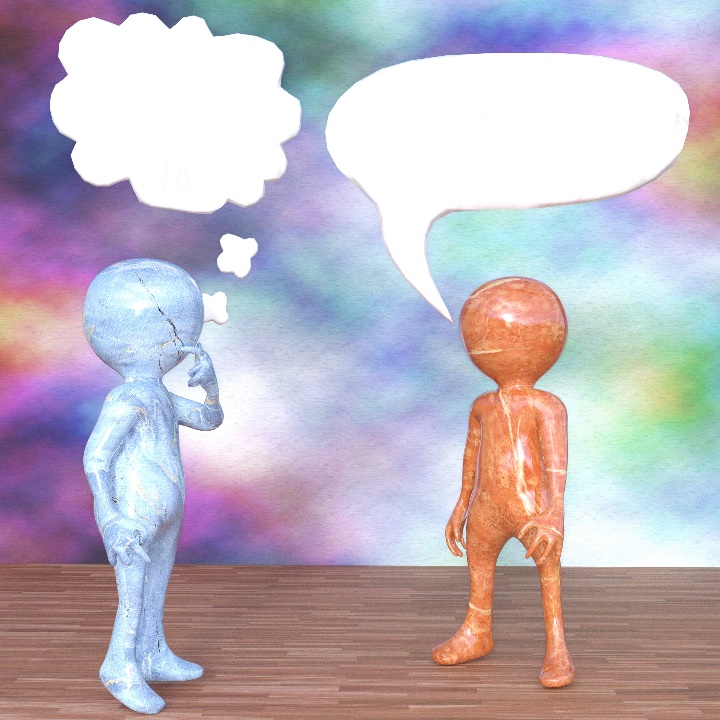 Two figures, one with a blank thought bubble and one with a blank speech bubble