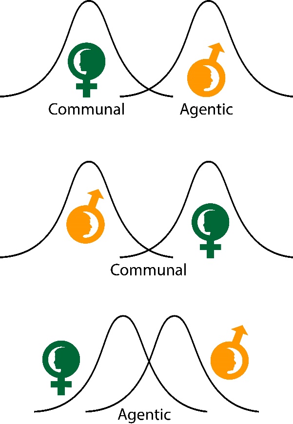 Female symbol in one curve labeled Communal and the male symbol labeled Agentic in another curve that overlaps a tiny bit. Underneath the same two curves have the male and female symbols switched and where the curves overlap is labeled Communal. The third curves overlap by a third and show the female symbol on the left outside the curve, and the male symbol to the right outside the curve, and where the curves overlap is labeled Agentic.
