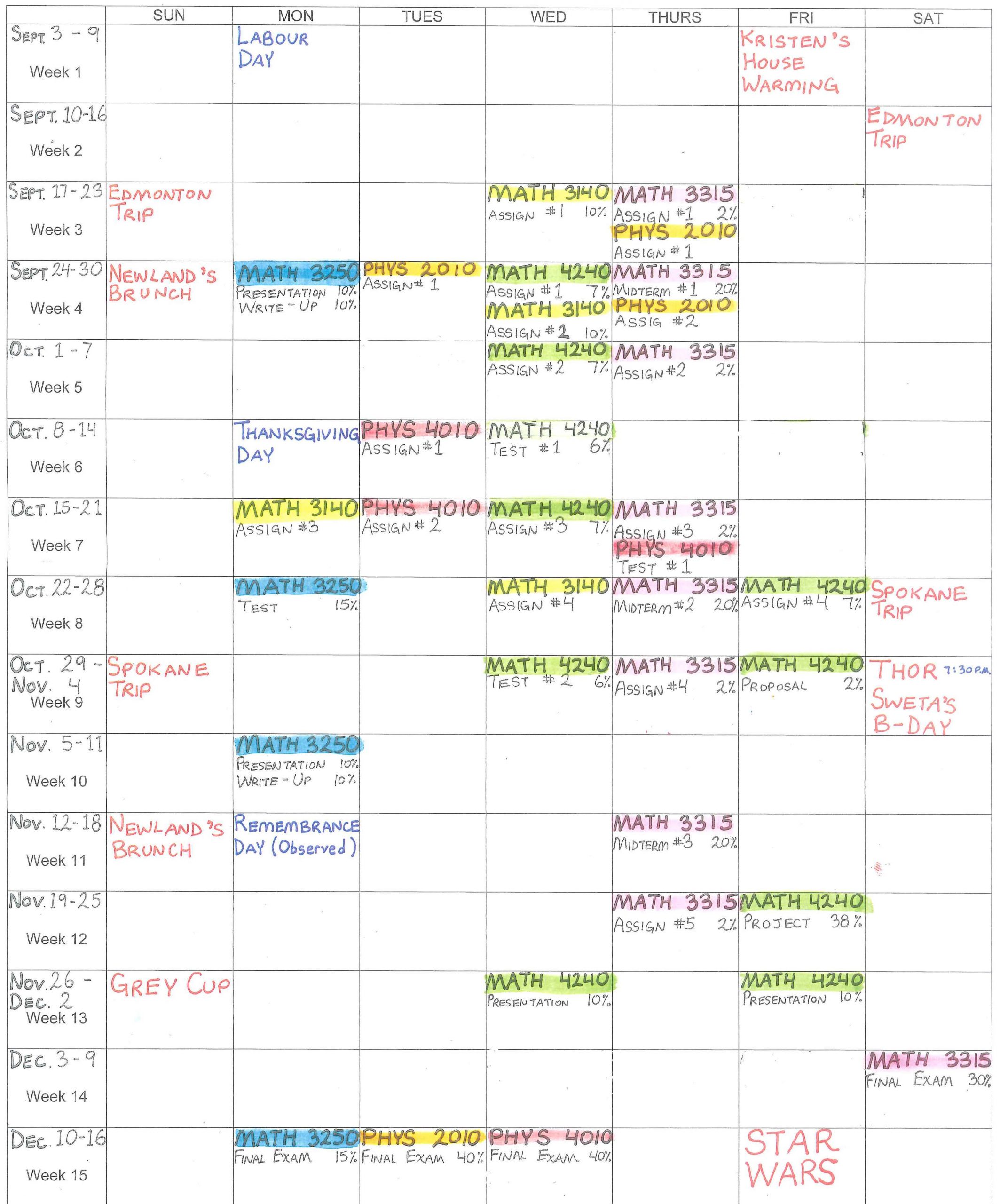 Example Semester Schedule with course class times added in different colours.