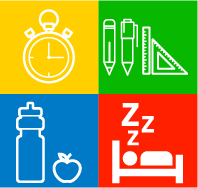 Icons: Clock, pencil, water bottle with apple, sleeping person