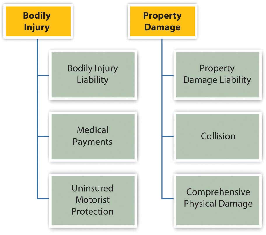 This chart shows the two main categoties and subsequent subcategories of car insurance.