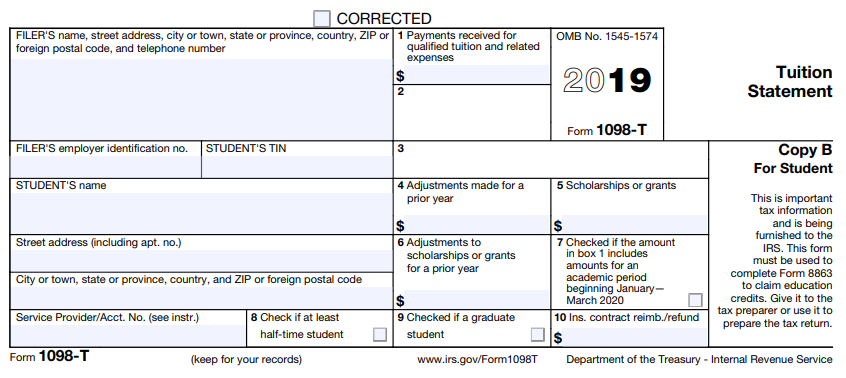 This image shows the 1098t student expense tax form.
