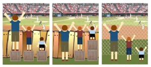 Three people of different heights stand on the same size crate, looking over a fence at a baseball game. The shortest person cannot see over the fence. Crates are redistributed so all can see the baseball game. Wooden fence is replaced with chain fence.