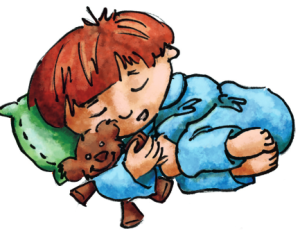 Sleeping child hugging a teddy bear.