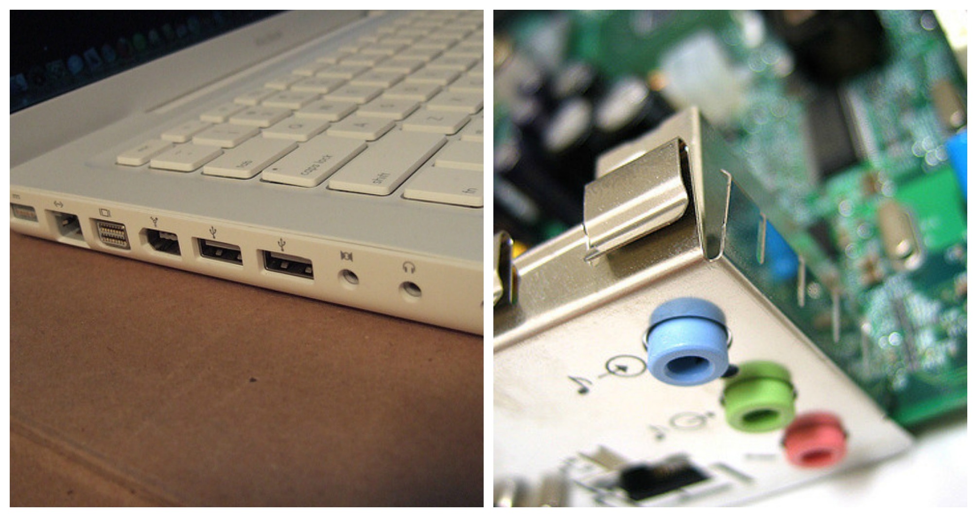Audio Ports on an Apple Macbook and a disassembled PC