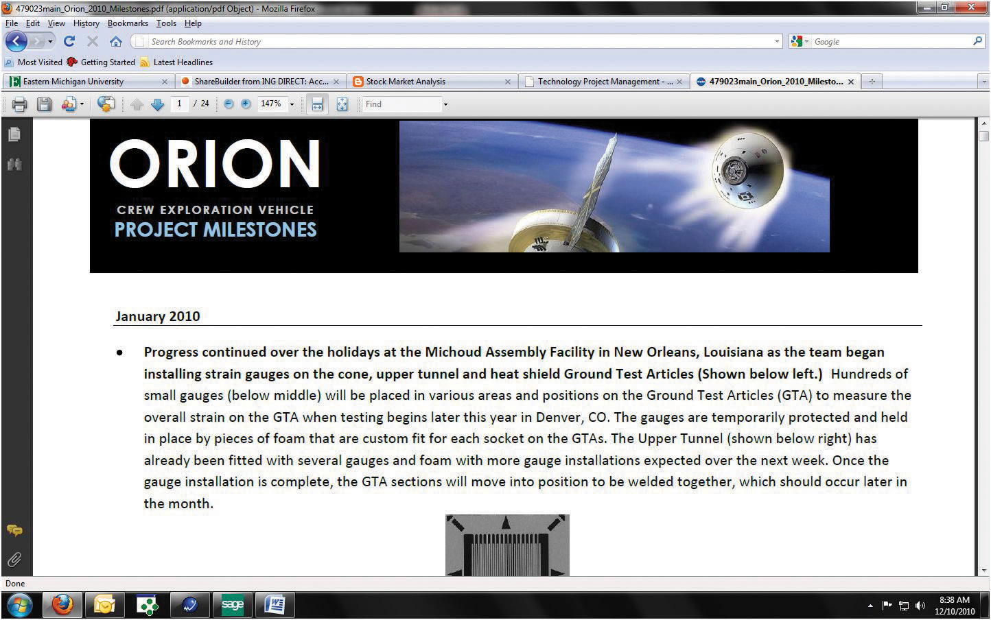 Orion Milestone from NASA's homepage