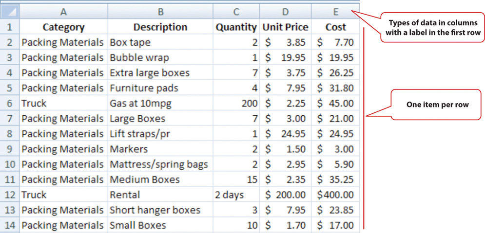 Expenses Arranged in a Table in a Spreadsheet. Types of data in columns are labeled in the first row with one item per row.