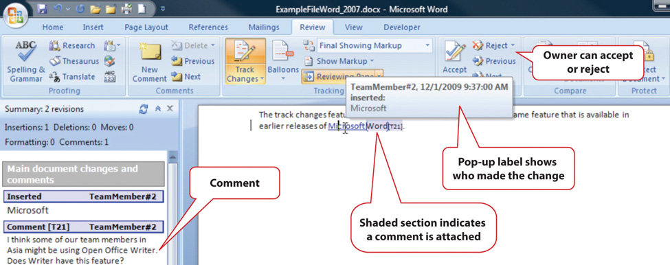 Tracking Changes and Adding Comments. The owner can accept or reject comments and pop-up labels show who made the change. The shaded section indicates a comment is attached, and they can be found in the left-side margin