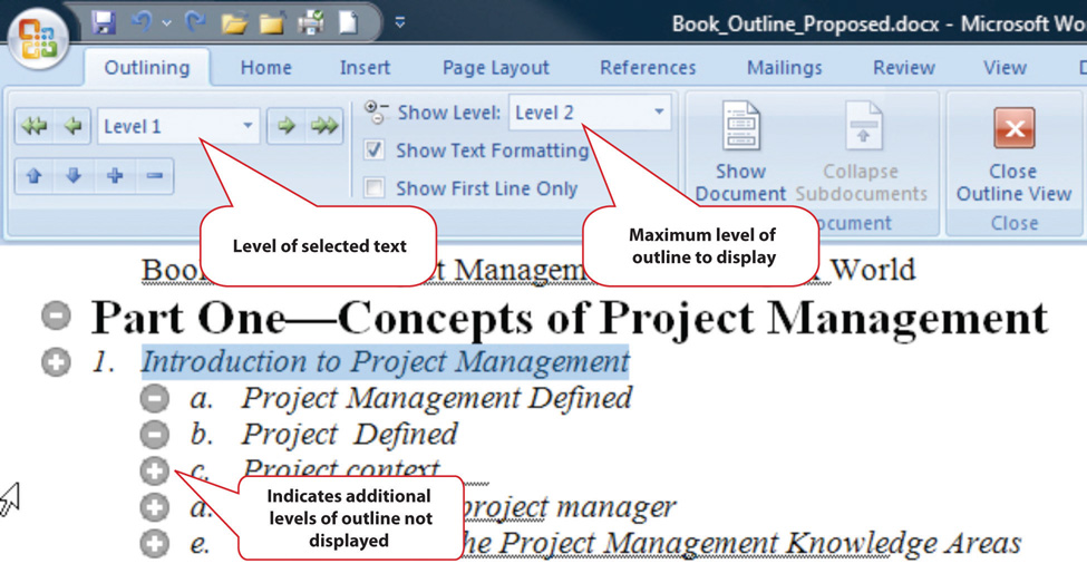 Outline View in MS Word 2007. You can choose the level of selected text and the maximum level of outline to display