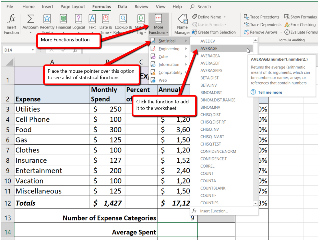 Press F6 until ribbon pane is activated, then M to select Formulas, then Q to select More Functions. Press S to select Statistical menu item, then scroll down to select the Average function.